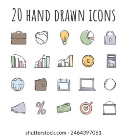 Set of 20 colored hand drawn vector business icons for communication, business, website and design.