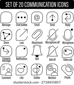 Set of 20 communication icons for user interface design and digital interaction