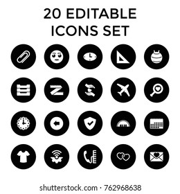Set of 20 concept filled icons such as arrow left, barn, t-shirt, shield, ruler, rolling eyes emot, heart search, plane, calendar, measure ruler, fit ball, gear connection