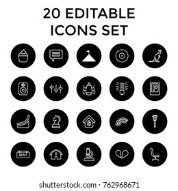 Set of 20 concept outline icons such as pyramid flag, parking, cangaroo, barn, broken heart, muffin, target, street lamp, microscope, bulb, equalizer, chat, office chair