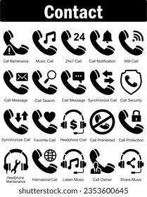 Un conjunto de 20 iconos de contacto como mantenimiento de llamadas, llamadas musicales, llamadas 24x7
