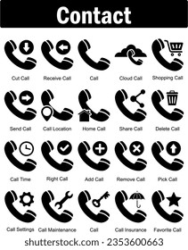 A set of 20 contact icons as cut call, receive call, call, cloud call