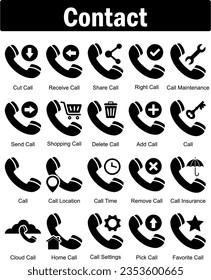 Un conjunto de 20 iconos de contacto como llamada de corte, llamada de recepción, llamada compartida