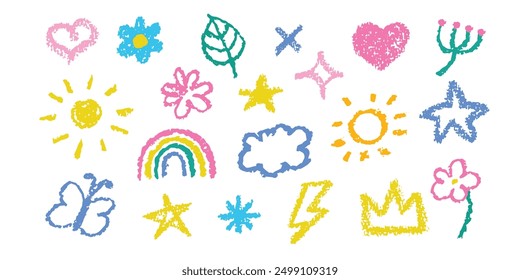 Set of 20 cute childish doodles and scribbles, hand drawn kids drawings with crayons. Isolated on white vector illustrations 