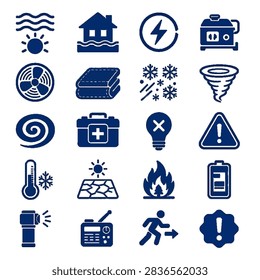 Set of 20 cute flat 3D isometric emergency and disaster icons on transparent background. Includes flood, house underwater, power outage, generator, fan, blanket, snow storm, tornado, spiral, first aid kit, blackout, warning, thermometer, drought, fire, low battery, flashlight, emergency radio, evacuation and alert icons. Vector illustration with thick black outline, bold colors red gray navy, and soft drop shadow. Perfect for news, insurance, safety, weather forecast, and infographic design. EPS vector, fully editable, commercial use.