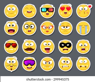 Set of 20 cute smiley faces stickers in different facial expressions (smiley, geek, happiness, superhero, sick, positive, love, funny, humor, angry, surprise, cry, hipster )