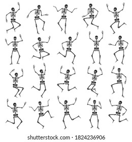 Set of 20 dancing, running and jumping black skeletons. Happy Halloween. Vector illustration in flat style on a white background