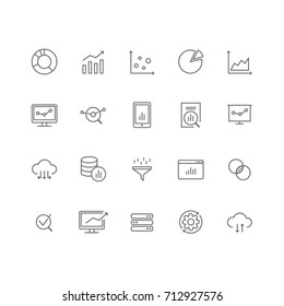 Set of 20 data analysis thin line icons. Charts, graphs, diagram, big data, database, servers, data cloud and much more. 64x64 pixel perfect. Vector illustration.