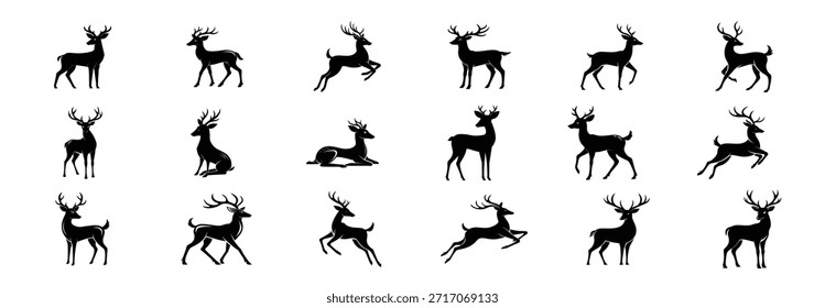 Conjunto de 20 siluetas de ciervo en varias poses aisladas sobre un fondo blanco puro, ideal para proyectos de diseño y marca.