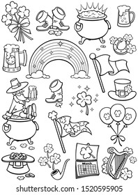 Set of 20 design elements on Saint Patrick s Day theme, executed in black and white.