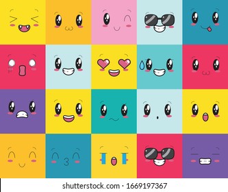 Set of 20 designs of kawaii expressions Free Vector