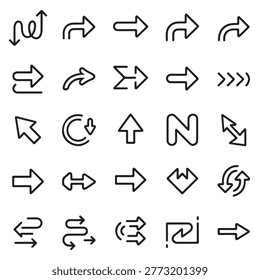A set of 20 different black arrow icons in various styles and directions on a pure white background, including curved, straight, and circular arrows