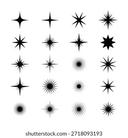 Un conjunto de 20 diferentes Formas y diseños de esteladas negras sobre un fondo blanco, que varían en tamaño, estilo y detalle, con puntos y líneas nítidas que irradian desde los centros