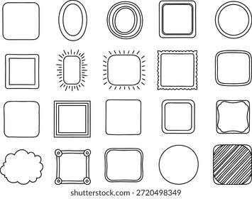 Un conjunto de 20 diferentes marcos de fotos en blanco y negro y diseños de borde, incluyendo cuadrados, rectángulos, óvalos y círculos con varios patrones y estilos.