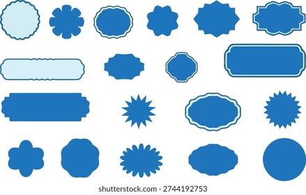 A set of 20 different blue shapes, including ovals, rectangles, and abstract designs, arranged in four rows on a plain white background