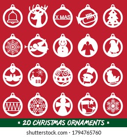 Set of 20 different Christmas ornaments, Laser - CNC Ready, Christmas Holiday Collection Set, Vector - Illustration