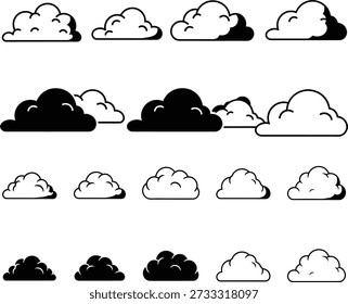 Un conjunto de 20 ilustraciones de nubes diferentes en blanco y negro, que varían en forma y estilo