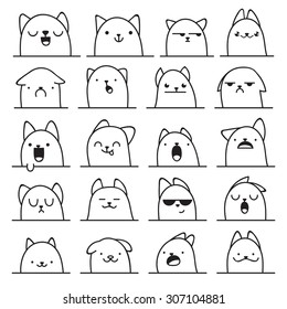 Conjunto de 20 diferentes emoções doodle gato. Sorria para o design. Ícones de anime. Raiva e alegria. Surpresa, magoada. Indiferença, choque. Risos, lágrimas, perplexidade.