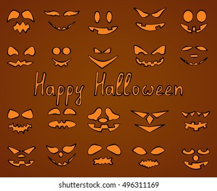 Set of 20 different facial expressions for Halloween on a brown background and the words Happy Halloween