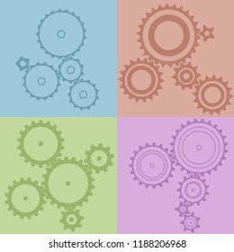 A set of 20 different gears, different colors and dimensions. Collaboration, technologies. Flat style, without a shadow