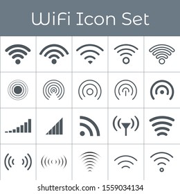Set of 20 different grey wireless and wifi icons for remote access and communication via radio waves. broadcasting transmission. Stock Vector illustration isolated on white background.