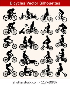 Set of 20 different silhouettes of cyclists on sport or freetime