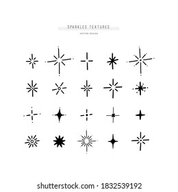 Set of 20 different stars and sparkles, sunbursts, comets. Bundle of various shining textures and decorations. Vector hand drawn elements. 