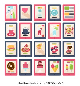 Set of 20 different vector food icons with a map, hand and heart, various cocktails , coffee, pasta, pizza, cheeseburger, sushi, roast meat, doughnut, cake, ice cream and iced lolly