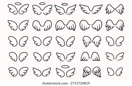 Eine Reihe von 20 verschiedenen Flügeldesigns, darunter Engelsflügel, gefiederte Flügel und einige mit Heiligenschein, in einem einfachen Linien-Zeichnungsstil präsentiert.