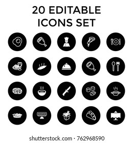 Set of 20 dinner filled and outline icons such as pizza, pie, soup, restaurant table, chef, dish, reserved, meat, knife, beef, plate fork and spoon, taco, noodles fast food