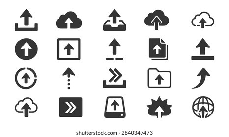 Set of 20 Diverse Black Upload Icons for Web Design