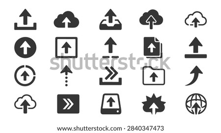 Set of 20 Diverse Black Upload Icons for Web Design