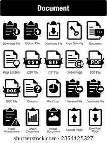 A set of 20 Document icons as download file, upload file, page security