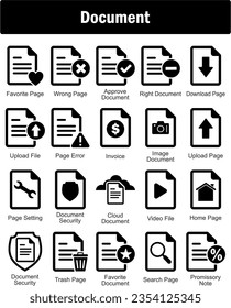Un conjunto de 20 iconos de documento como página favorita, página incorrecta, documento de aprobación