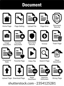 Eine Reihe von 20 Dokumentsymbols als Startseite, Seiteneinstellungen, Upload-Datei