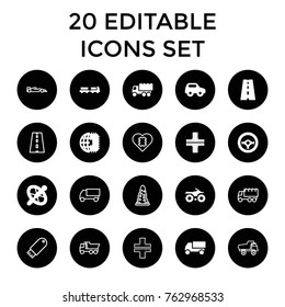 Set of 20 drive filled and outline icons such as truck with luggage, road, toy car, truck, motorcycle, wheel, cpu planet, steering wheel, tunnel, cpu in heart, flash drive