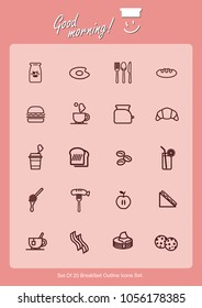 Set Of 20 Eat Icons Set.
Collection Of Milk,Egg, Tableware,Bread,Hamburger,Coffee,Toaster,Croissant,Tea,Toast,Fruit Juice,Honey,Sausage,Apple,Sandwich,Bacon,Pancake,Cookie,And Other Elements.
