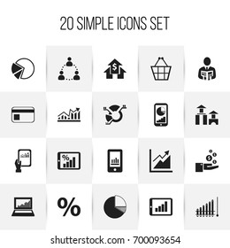 Set Of 20 Editable Analytics Icons. Includes Symbols Such As Phone Statistics, Percent, Pie Graphic And More. Can Be Used For Web, Mobile, UI And Infographic Design.