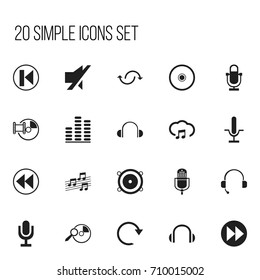 Set Of 20 Editable Audio Icons. Includes Symbols Such As Mixing, Equalizer, Memory And More. Can Be Used For Web, Mobile, UI And Infographic Design.
