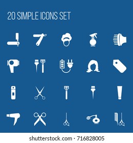 Set Of 20 Editable Barber Icons. Includes Symbols Such As Scissors With Comb, Razor, Plug And More. Can Be Used For Web, Mobile, UI And Infographic Design.