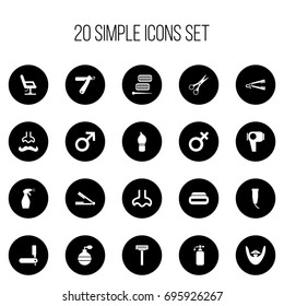 Set Of 20 Editable Barbershop Icons. Includes Symbols Such As Nasal, Shear, Lotion And More. Can Be Used For Web, Mobile, UI And Infographic Design.