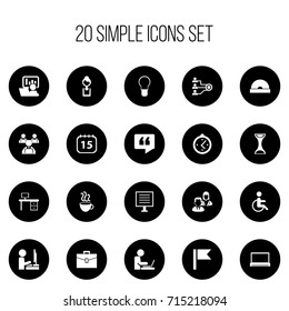 Set Of 20 Editable Bureau Icons. Includes Symbols Such As Worker With Laptop , Comment, Handicapped. Can Be Used For Web, Mobile, UI And Infographic Design.
