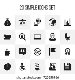 Set Of 20 Editable Bureau Icons. Includes Symbols Such As Dossier, Authentication, Handicapped. Can Be Used For Web, Mobile, UI And Infographic Design.