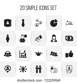 Set Of 20 Editable Business Icons. Includes Symbols Such As Cravat, Staff Structure, Job Woman And More. Can Be Used For Web, Mobile, UI And Infographic Design.