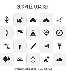 Set Of 20 Editable Camping Icons. Includes Symbols Such As Temperature, Tree, Flashlight And More. Can Be Used For Web, Mobile, UI And Infographic Design.