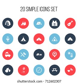 Set Of 20 Editable Camping Icons. Includes Symbols Such As Compass, Racket, Shelter And More. Can Be Used For Web, Mobile, UI And Infographic Design.