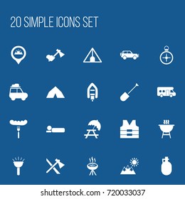 Set Of 20 Editable Camping Icons. Includes Symbols Such As Location, Barbecue, Life Vest And More. Can Be Used For Web, Mobile, UI And Infographic Design.
