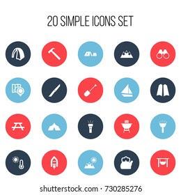 Set Of 20 Editable Camping Icons. Includes Symbols Such As Diver Shoes, Pan On Bonfire, Handle Hit. Can Be Used For Web, Mobile, UI And Infographic Design.