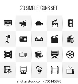 Set Of 20 Editable Cinema Icons. Includes Symbols Such As Widescreen, Photographing, Megaphone And More. Can Be Used For Web, Mobile, UI And Infographic Design.