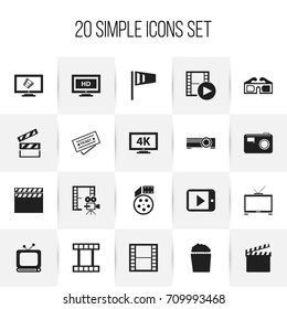Set Of 20 Editable Cinema Icons. Includes Symbols Such As Cinema Snack, Pennant, Record And More. Can Be Used For Web, Mobile, UI And Infographic Design.